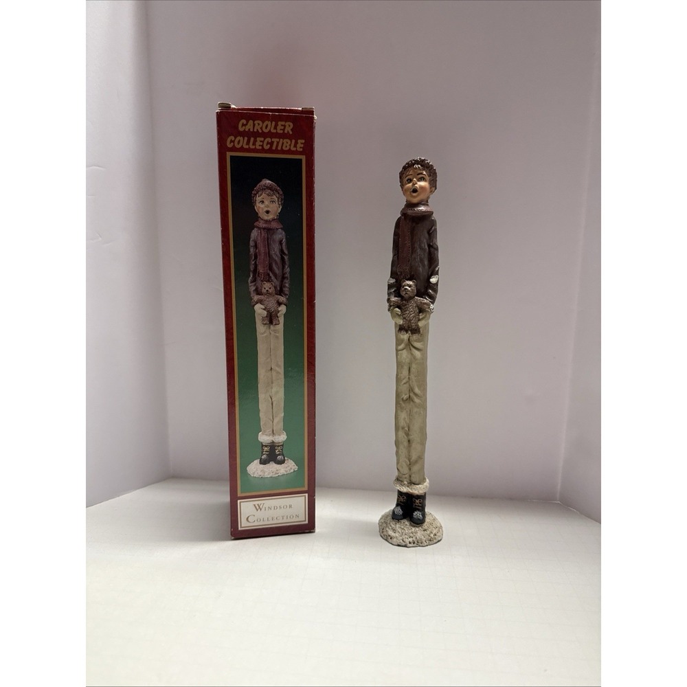 Windsor Collection Young Man Caroler 11" Figurine Holding A Teddy Bear